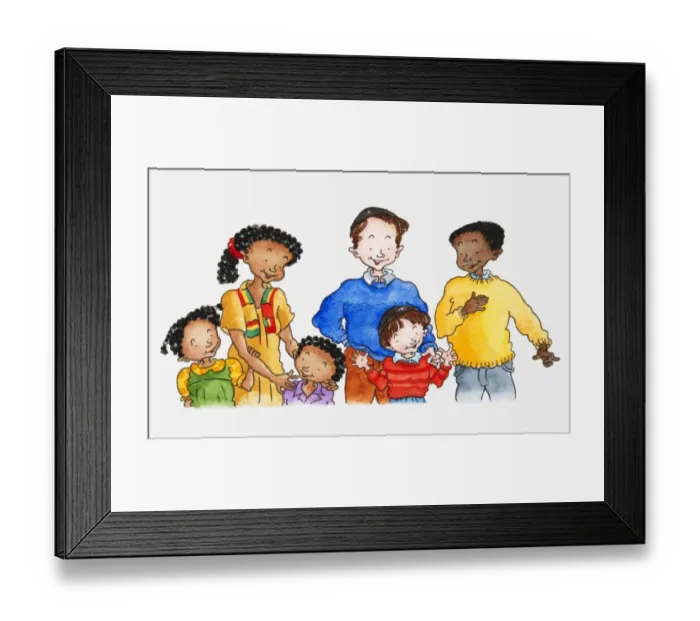 Framed Print : Illustration of a group of people of different ethnicities, a father with son, and a mother and father with two children Framed Print : Illustration of a group of people of different ethnicities, a father with son, and a mother and father with two children
