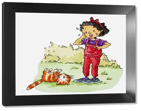 Illustration of girl crying with a dead cat lying in the grass beside her
