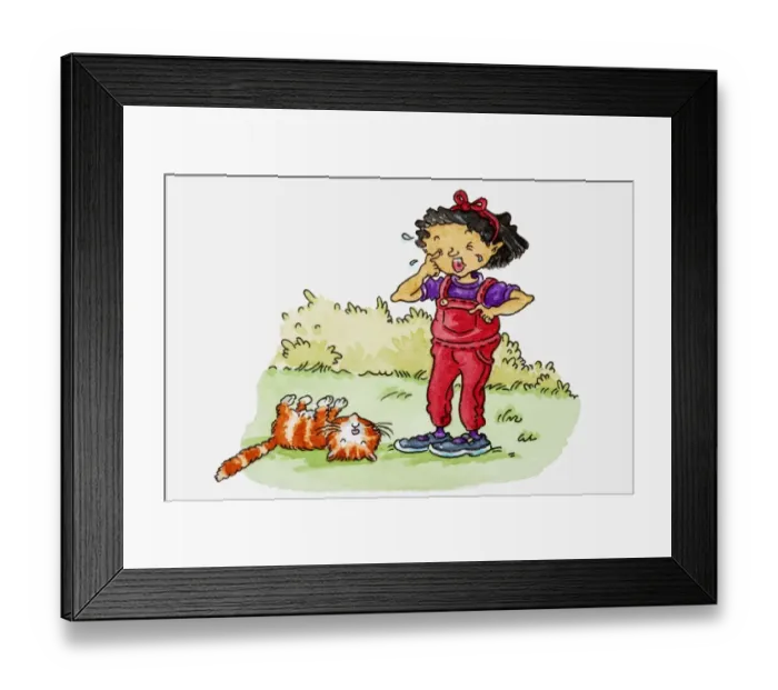 Framed Print : Illustration of girl crying with a dead cat lying in the grass beside her Framed Print : Illustration of girl crying with a dead cat lying in the grass beside her