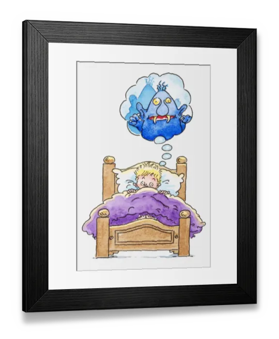 Framed Print : Illustration of a boy lying in bed, thought bubble with monster inside it above his head Framed Print : Illustration of a boy lying in bed, thought bubble with monster inside it above his head