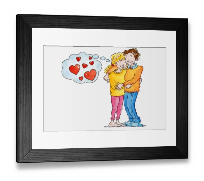 Framed Print : Illustration of a woman and man embracing each other, thought bubble with hearts inside above the womans head Framed Print : Illustration of a woman and man embracing each other, thought bubble with hearts inside above the womans head