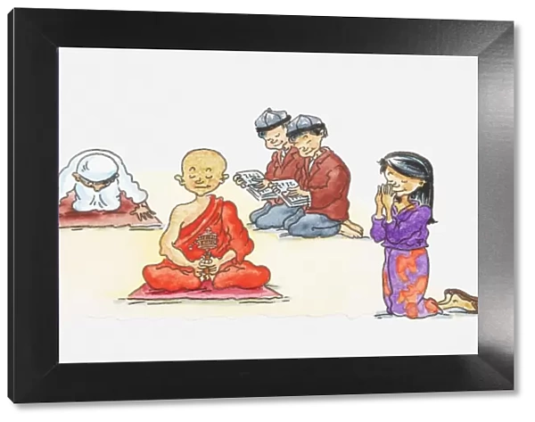 Illustration of people of different religious beliefs praying