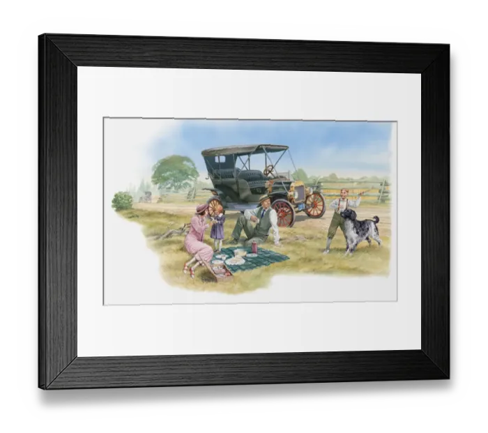 Framed Print : Illustration of family having picnic in countryside near car Framed Print : Illustration of family having picnic in countryside near car