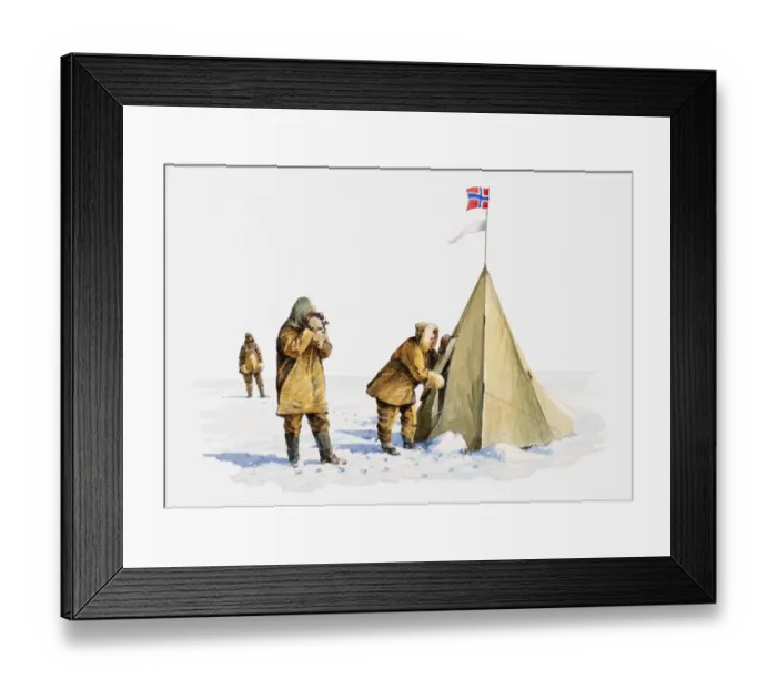 Framed Print : Illustration of team of Antarctic explorers outside tent with Norwegian flag on top, marking it as Roald Amundsens tent Framed Print : Illustration of team of Antarctic explorers outside tent with Norwegian flag on top, marking it as Roald Amundsens tent