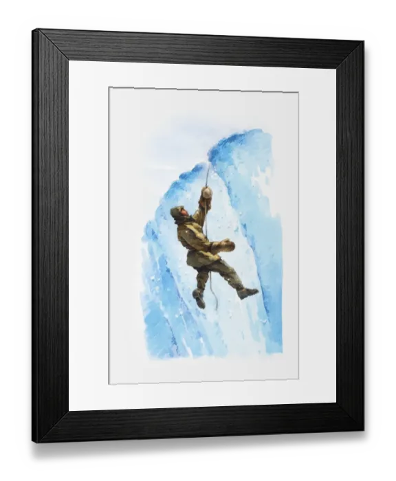 Framed Print : Illustration of Antarctic explorer in crevasse hanging onto rope Framed Print : Illustration of Antarctic explorer in crevasse hanging onto rope