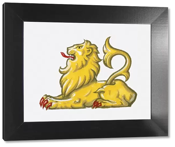 Illustration of heraldic symbol of lion couchant representing courage