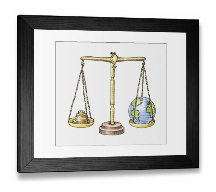 Framed Print : Illustration of set of scales with globe on one side and weights on the other Framed Print : Illustration of set of scales with globe on one side and weights on the other