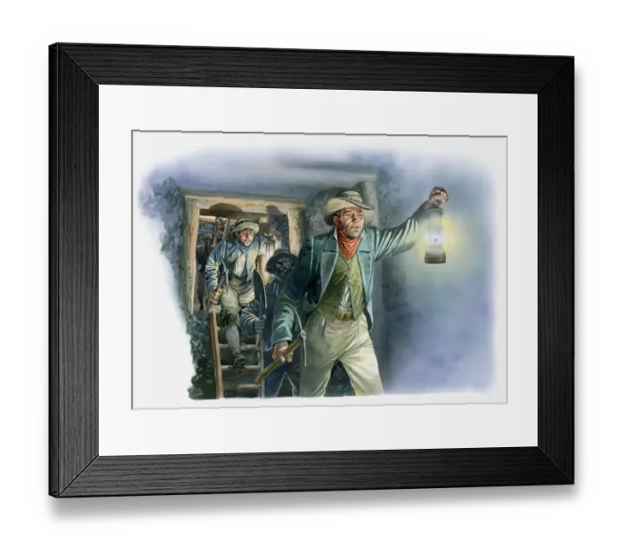 Framed Print : Illustration of miner holding safety lamp in 19th century mine shaft Framed Print : Illustration of miner holding safety lamp in 19th century mine shaft