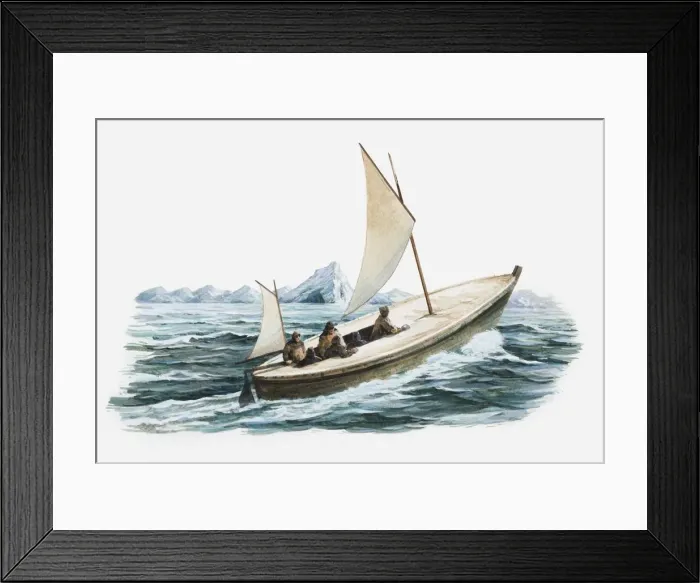 Framed Print : Illustration of explorers in boat in Antarctic waters Framed Print : Illustration of explorers in boat in Antarctic waters