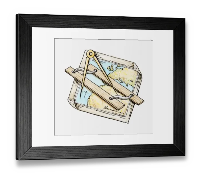 Framed Print : Illustration of ruler and pair of compasses on map Framed Print : Illustration of ruler and pair of compasses on map