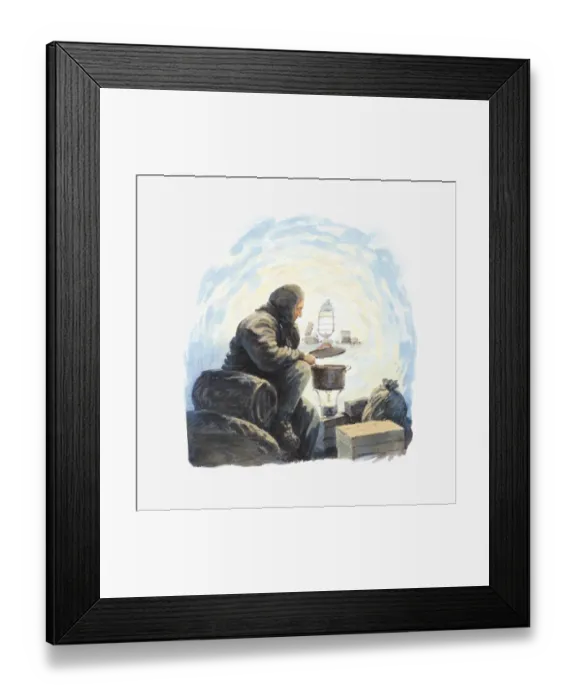 Framed Print : Illustration of Antarctic explorer Douglas Mawson heating food on cooker inside cave