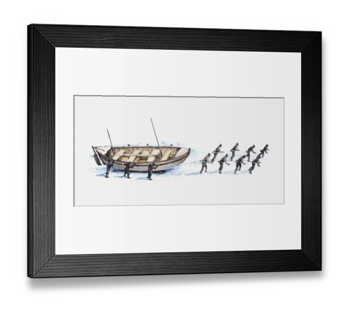 Framed Print : Illustration of a group of Antarctic explorers pulling boat across the ice Framed Print : Illustration of a group of Antarctic explorers pulling boat across the ice