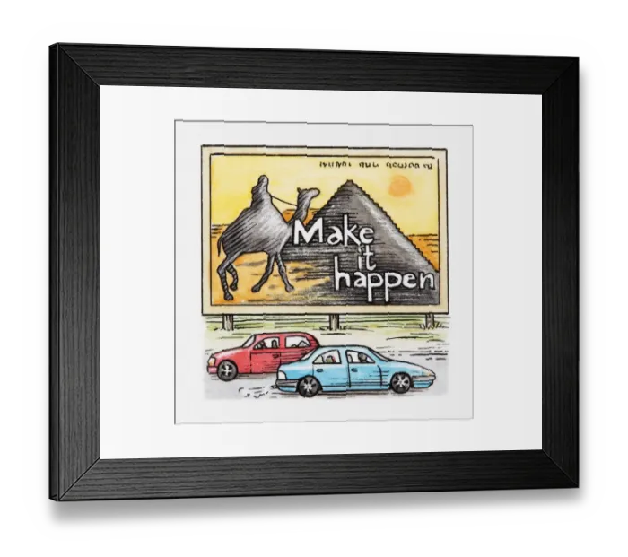 Framed Print : Illustration of cars driving past advertising billboard showing Egyptian pyramids and camel Framed Print : Illustration of cars driving past advertising billboard showing Egyptian pyramids and camel