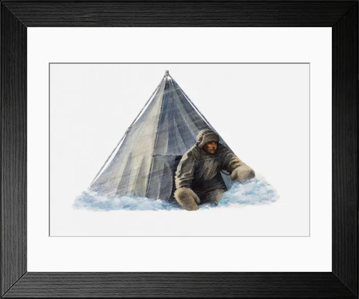 Framed Print : Illustration of Antarctic explorer outside tent Framed Print : Illustration of Antarctic explorer outside tent