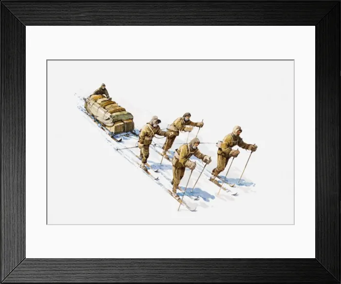 Framed Print : Illustration of Antarctic explorers on skis pulling sledge Framed Print : Illustration of Antarctic explorers on skis pulling sledge