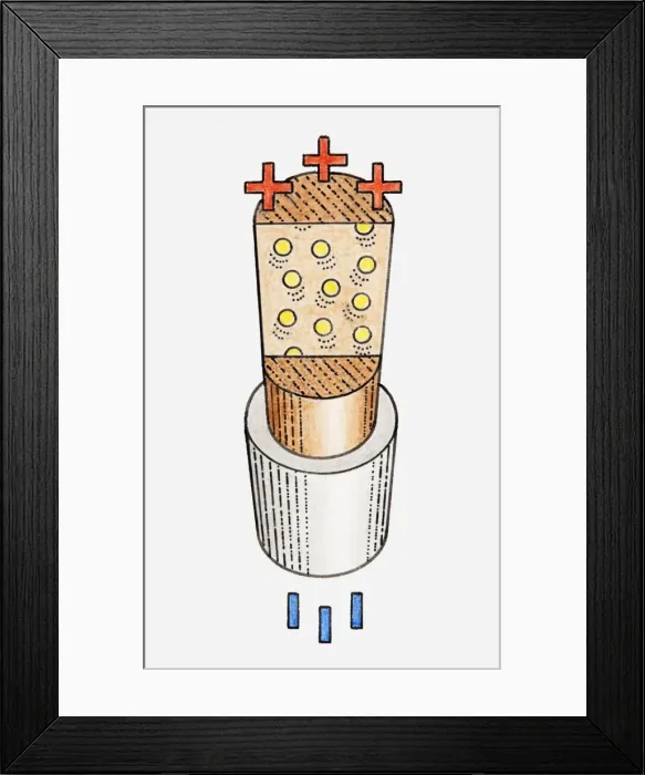 Framed Print : Illustration of cross-section through metal wire, electrons flowing from negative charge to positive charge Framed Print : Illustration of cross-section through metal wire, electrons flowing from negative charge to positive charge