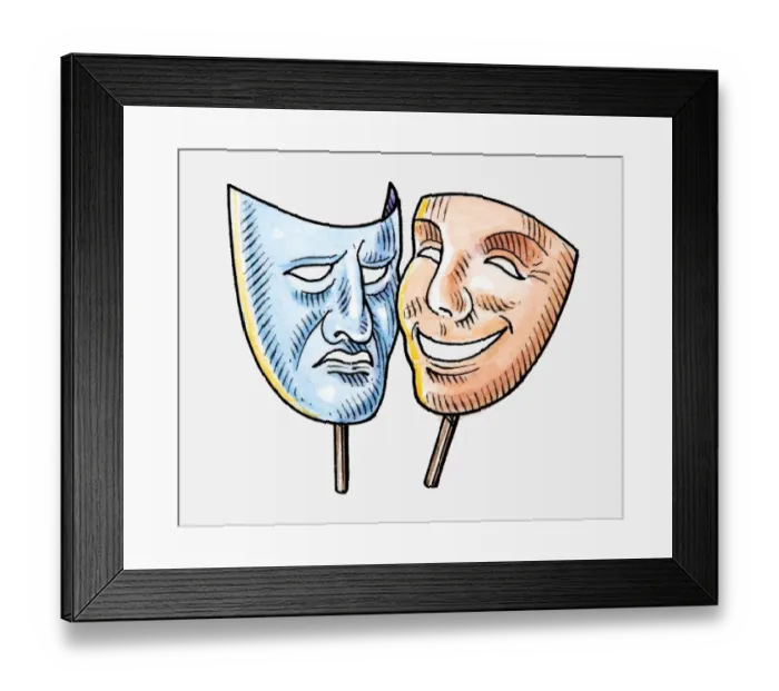 Framed Print : Illustration of tragedy mask and comedy mask Framed Print : Illustration of tragedy mask and comedy mask