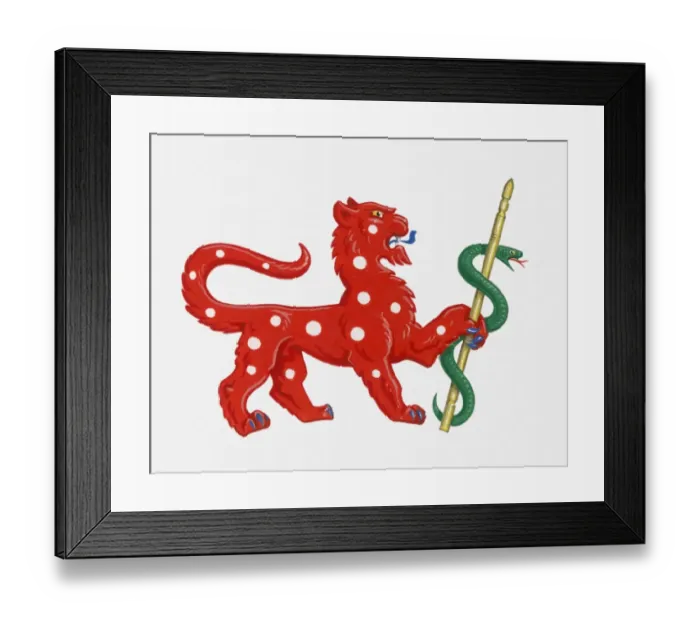 Framed Print : Illustration of heraldic symbol of red spotted lion holding green snake representing courage Framed Print : Illustration of heraldic symbol of red spotted lion holding green snake representing courage
