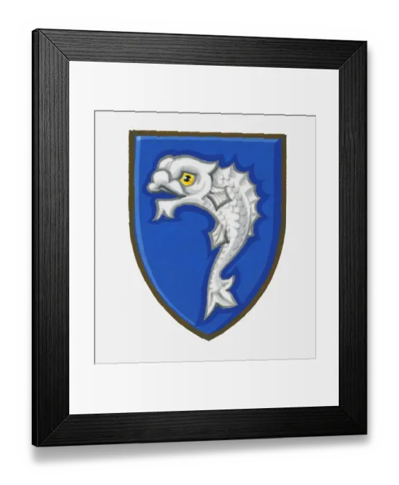 Framed Print : Illustration of heraldic fish symbol on shield Framed Print : Illustration of heraldic fish symbol on shield