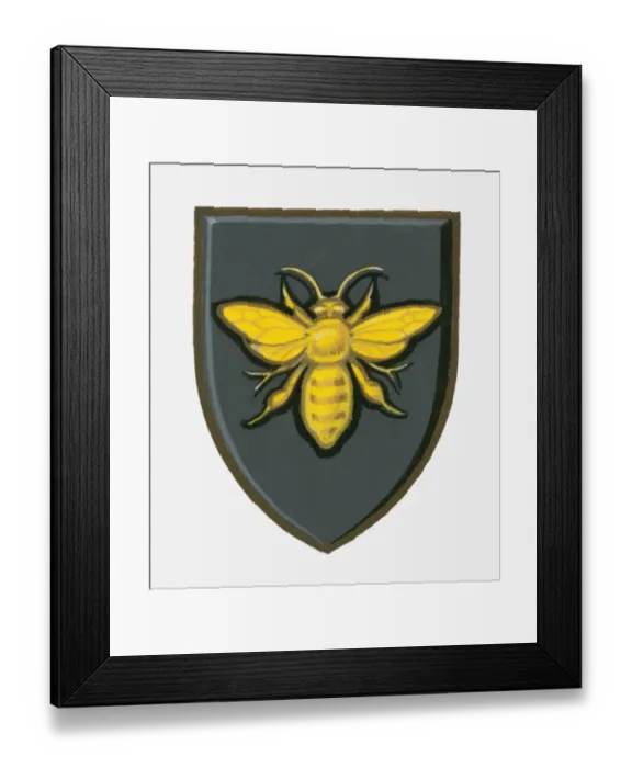 Framed Print : Illustration of heraldic symbol of bee on shield representing efficient industry Framed Print : Illustration of heraldic symbol of bee on shield representing efficient industry