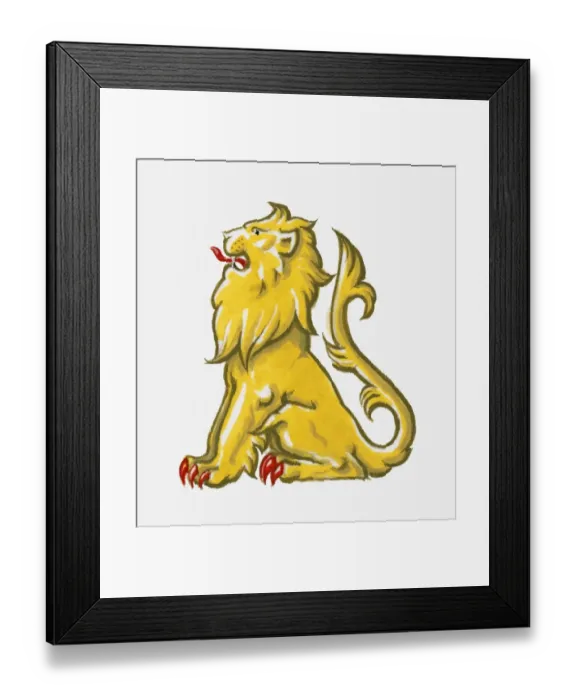 Framed Print : Illustration of heraldic symbol of lion sejant representing courage