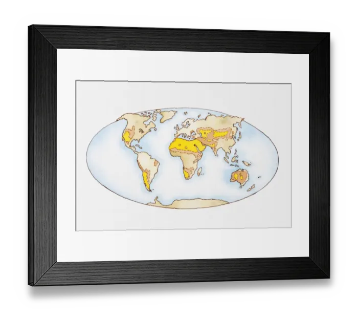 Framed Print : Illustration, map of the world showing desert regions (yellow) and regions in danger of desertification (orange) Framed Print : Illustration, map of the world showing desert regions (yellow) and regions in danger of desertification (orange)