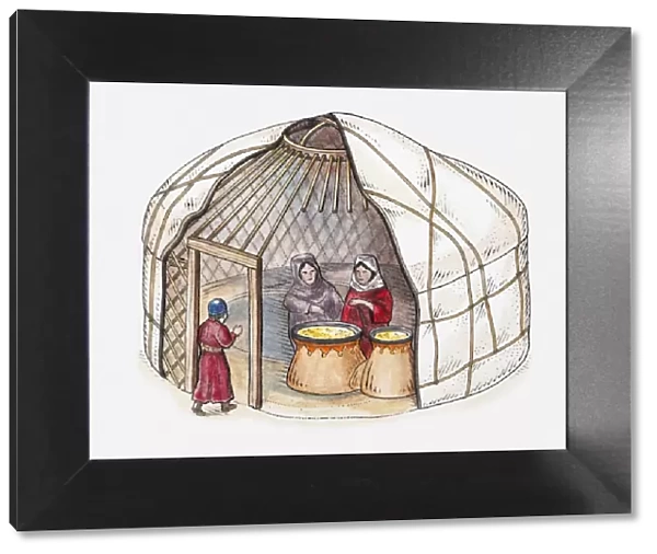 Illustration of two women inside Mongol yurt and child walking through entrance