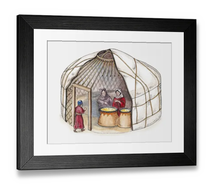 Framed Print : Illustration of two women inside Mongol yurt and child walking through entrance Framed Print : Illustration of two women inside Mongol yurt and child walking through entrance