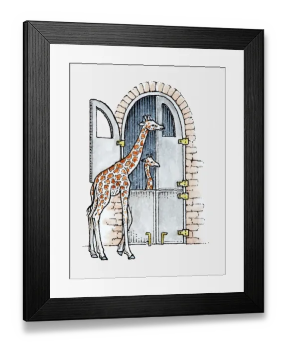 Framed Print : Illustration of female Giraffe (Giraffa camelopardalis) standing outside giraffe house at zoo with calf inside
