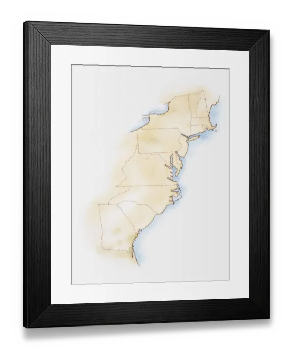 Framed Print : Illustration of coastline and borders from Maine to Georgia Framed Print : Illustration of coastline and borders from Maine to Georgia
