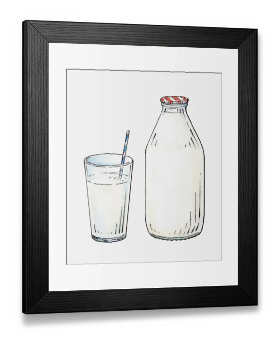 Framed Print : Illustration of drinking straw in glass of milk next to bottle of milk Framed Print : Illustration of drinking straw in glass of milk next to bottle of milk