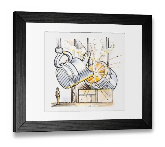 Framed Print : Illustration of molten metal being poured into furnace Framed Print : Illustration of molten metal being poured into furnace