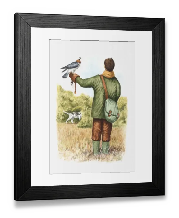 Framed Print : Illustration of falconer with a hooded falcon perching on his arm and pointer dog nearby Framed Print : Illustration of falconer with a hooded falcon perching on his arm and pointer dog nearby