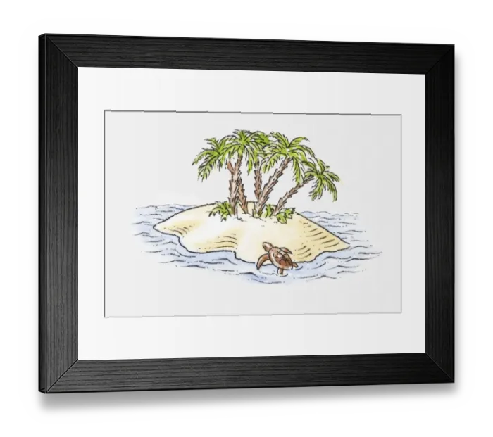 Framed Print : Illustration of turtle climbing onto small island in sea Framed Print : Illustration of turtle climbing onto small island in sea