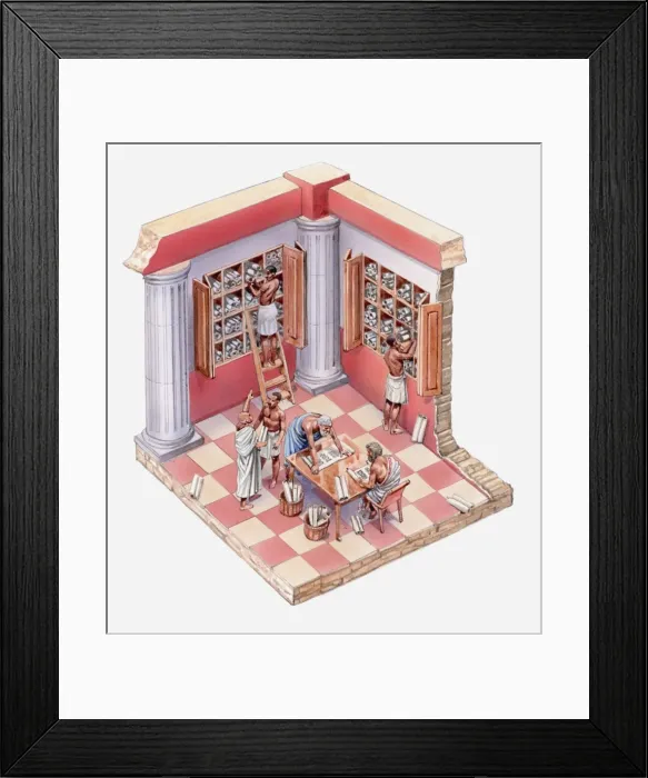 Framed Print : Illustration of scholars and slaves in ancient library Framed Print : Illustration of scholars and slaves in ancient library