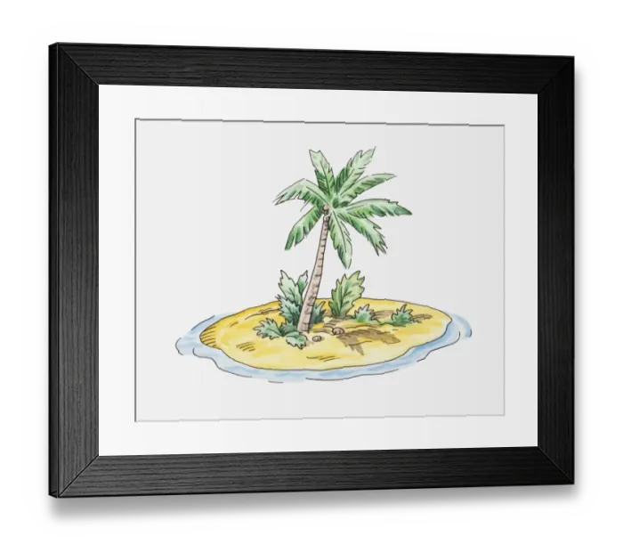 Framed Print : Illustration of small island with single palm tree on it