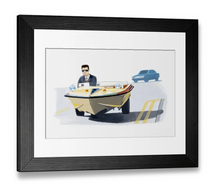 Framed Print : Illustration of man in suit travelling in a car converted from a speedboat