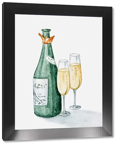 Illustration of champagne bottle and two glasses filled with champagne