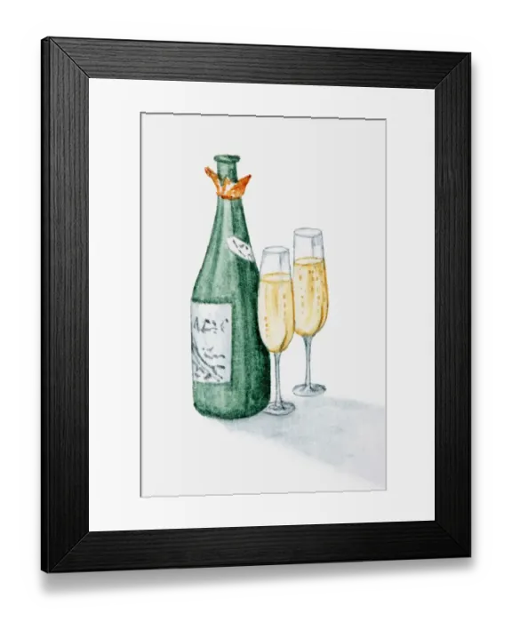 Framed Print : Illustration of champagne bottle and two glasses filled with champagne