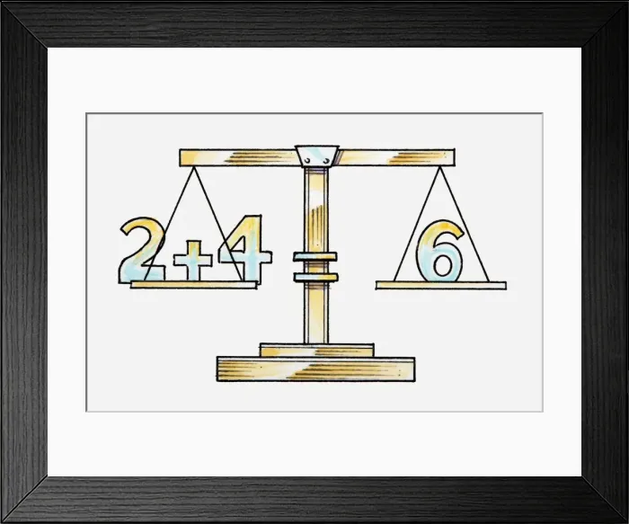 Framed Print : Illustration of adding numbers on scales Framed Print : Illustration of adding numbers on scales