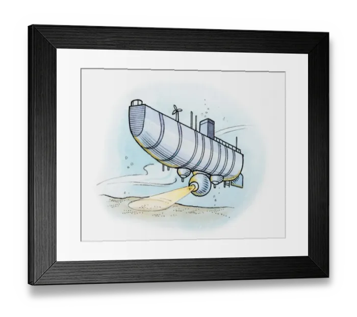 Framed Print : Illustration of observation submarine illuminating sea bed Framed Print : Illustration of observation submarine illuminating sea bed