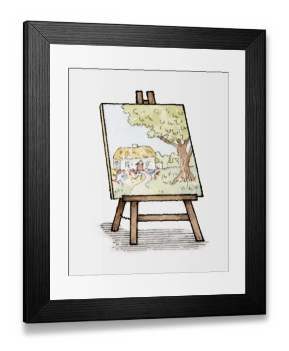Framed Print : Illustration of watercolour painting of thatched cottage on easel Framed Print : Illustration of watercolour painting of thatched cottage on easel