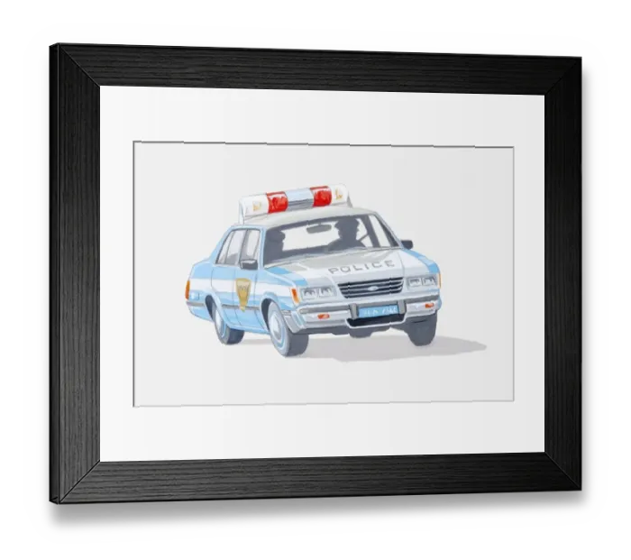 Framed Print : Illustration of police car with two policemen inside
