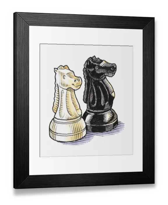 Framed Print : Illustration of horse chess pieces, black and white Framed Print : Illustration of horse chess pieces, black and white