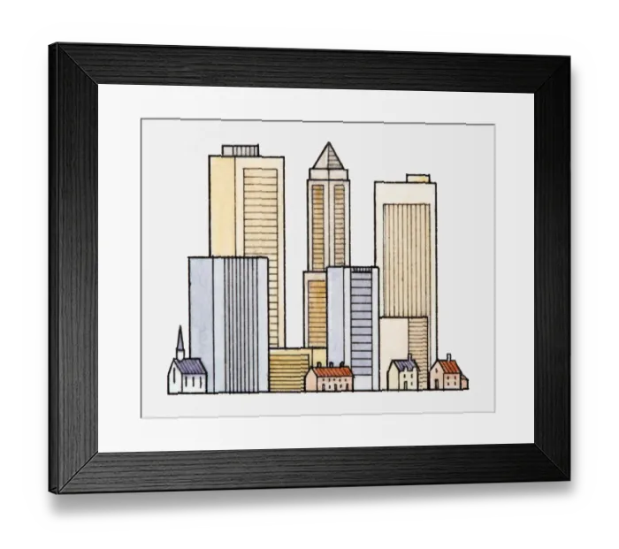 Framed Print : Illustration of skyscrapers towering over smaller buildings