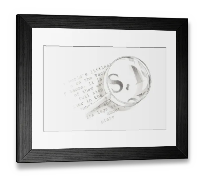 Framed Print : Black and white Illustration of a magnifying glass held over a section of text from a wildlife book with a tiny spider visible Framed Print : Black and white Illustration of a magnifying glass held over a section of text from a wildlife book with a tiny spider visible