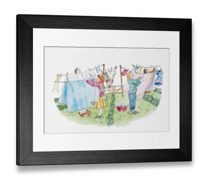 Framed Print : Illustration of people hanging up washing in small sections of garden separated by low hedges Framed Print : Illustration of people hanging up washing in small sections of garden separated by low hedges