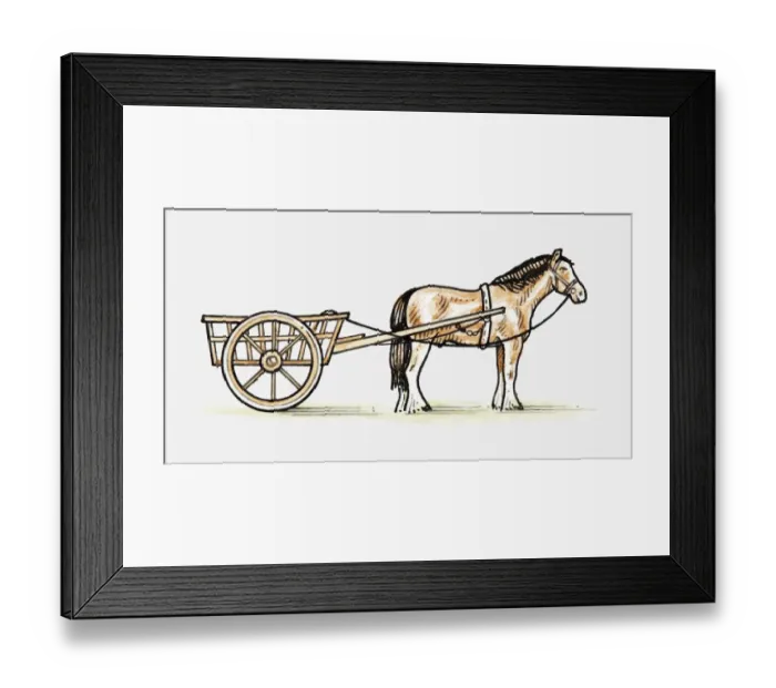 Framed Print : Illustration of horse and cart, side view Framed Print : Illustration of horse and cart, side view