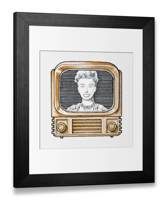 Framed Print : Illustration of a woman looking into camera on old-fashioned TV set Framed Print : Illustration of a woman looking into camera on old-fashioned TV set