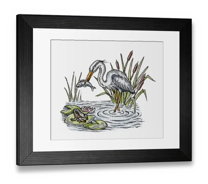 Framed Print : Illustration of a white stork holding fish in its beak, nearby a frog sitting on lily pad Framed Print : Illustration of a white stork holding fish in its beak, nearby a frog sitting on lily pad